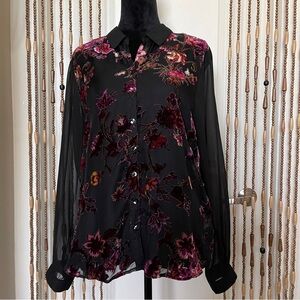 Roz & Ali Burnout Velvet Sheer Blouse Built in Camisole Womens XL Black